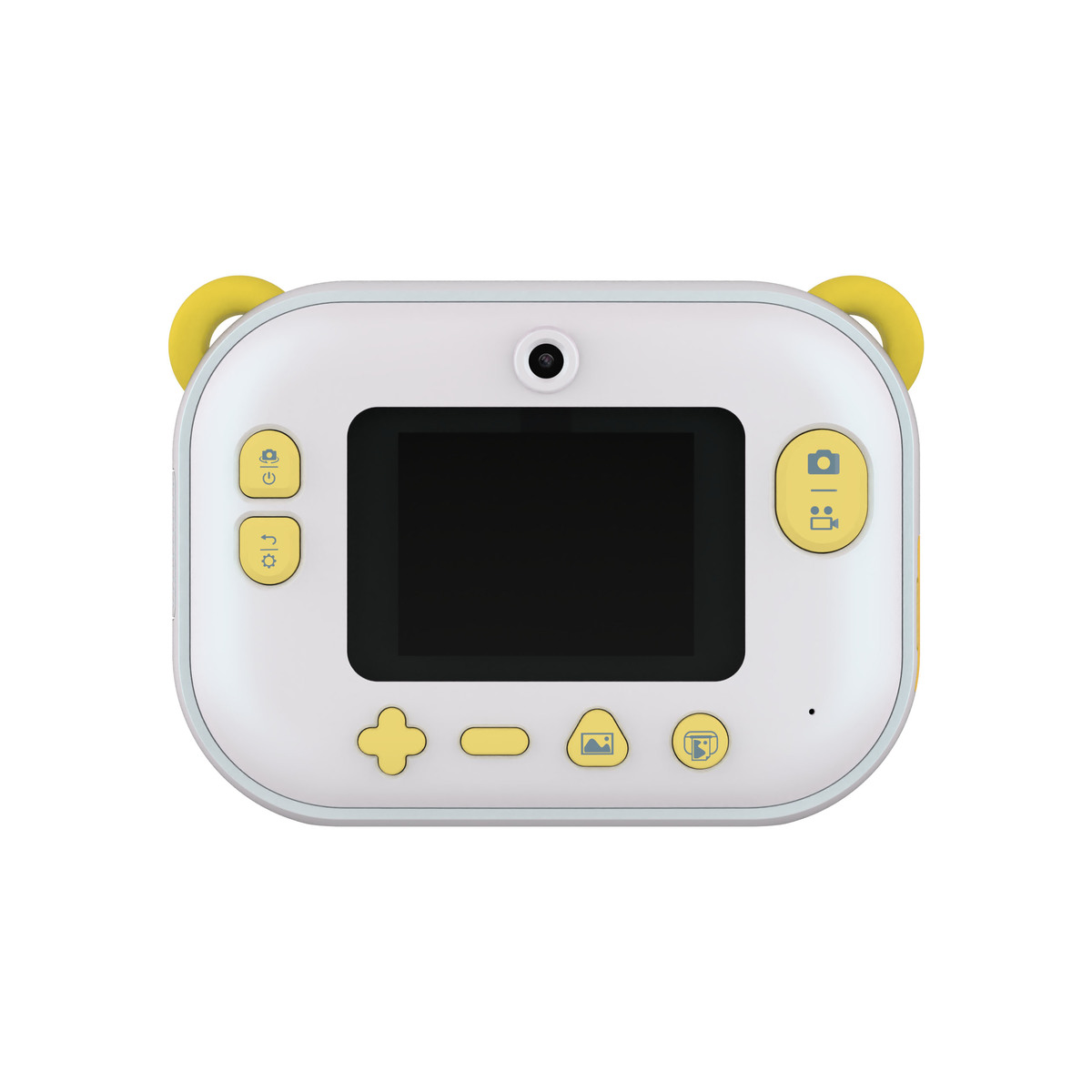 Eine weiße und gelbe Kinderkamera mit schwarzem Bildschirm und gelben Griffen. Knöpfe sind ebenfalls gelb.