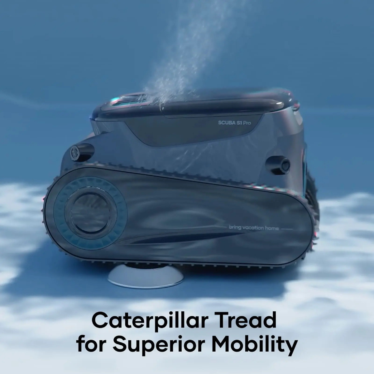 Pequeño robot submarino gris con orugas en el agua.