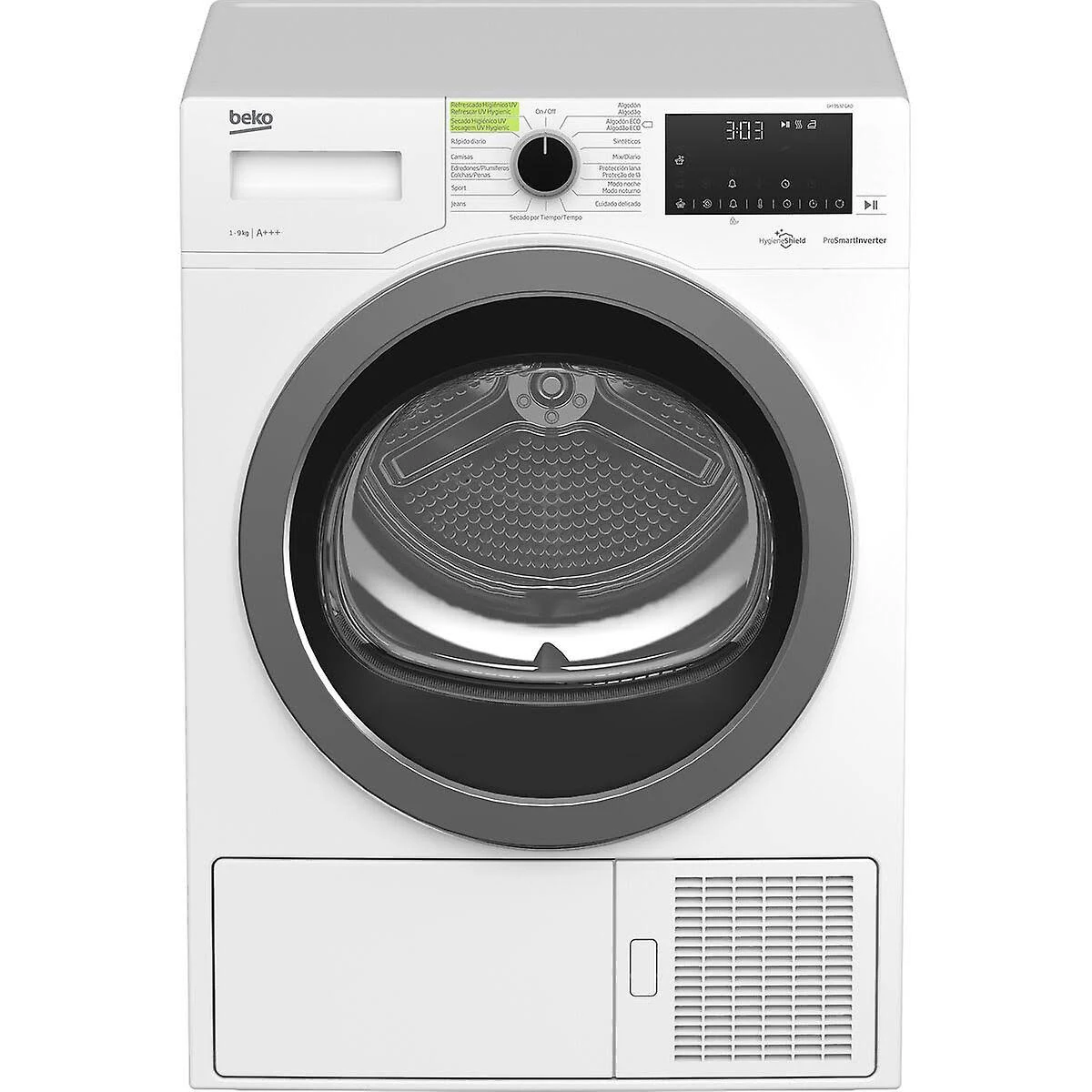 Una secadora blanca con pantalla digital y dial para selección de programas.