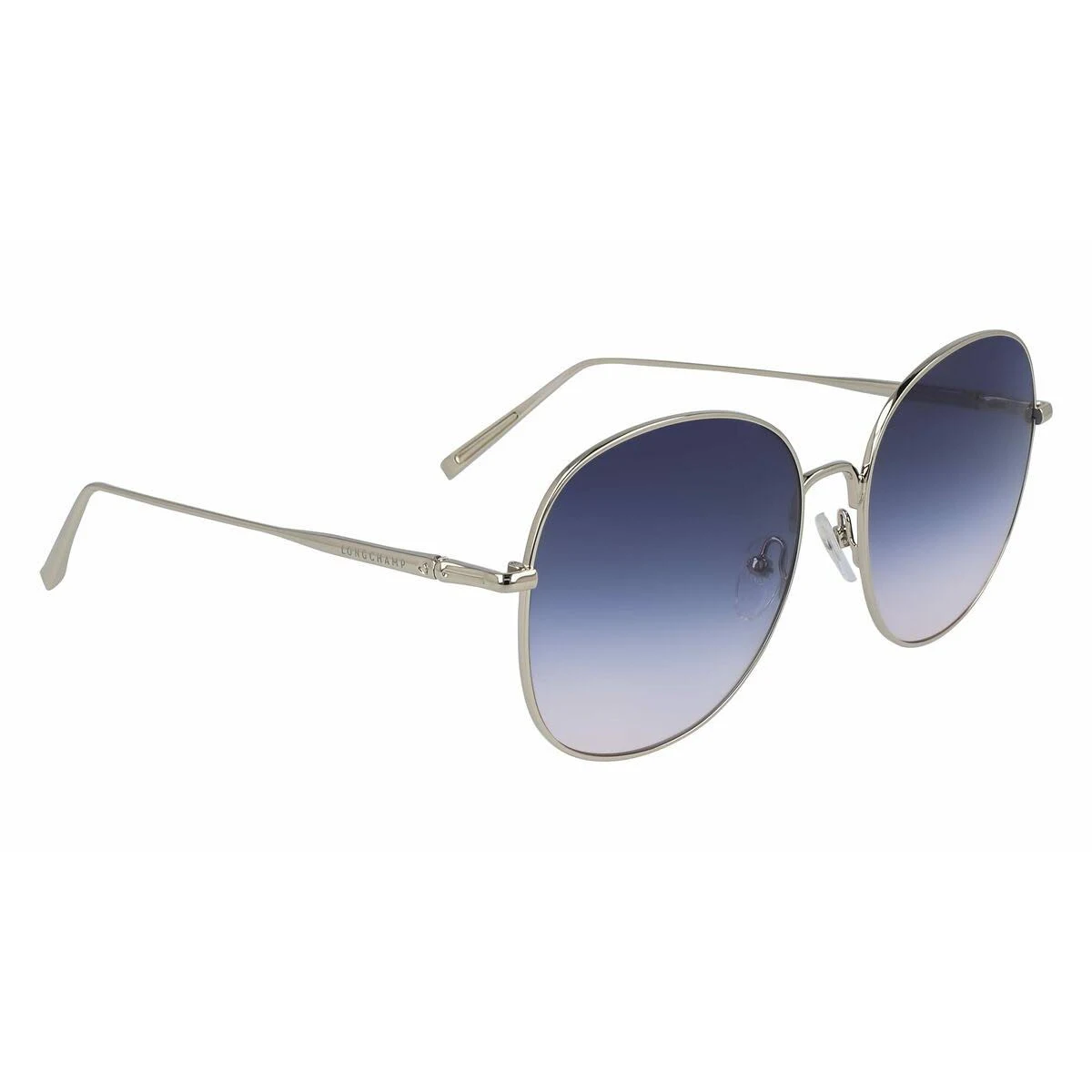 Gafas de sol con montura plateada y lentes degradadas azules sobre fondo blanco. Logotipo Longchamp visible.