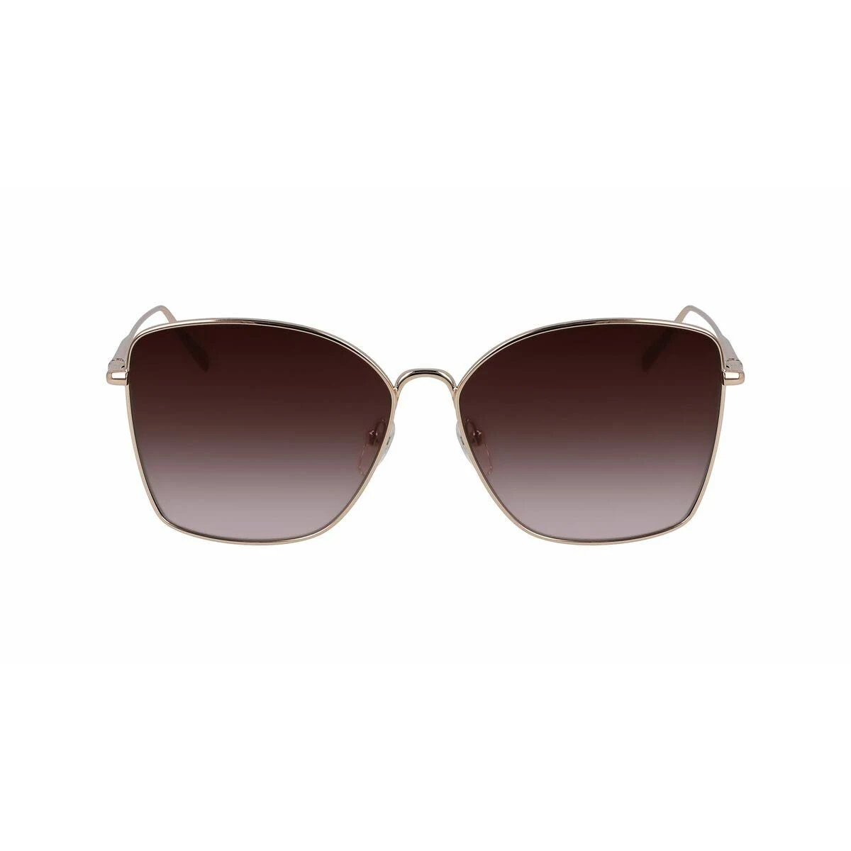 Gafas de sol con montura dorada y lentes degradadas marrones, sobre fondo blanco. Las lentes son grandes.