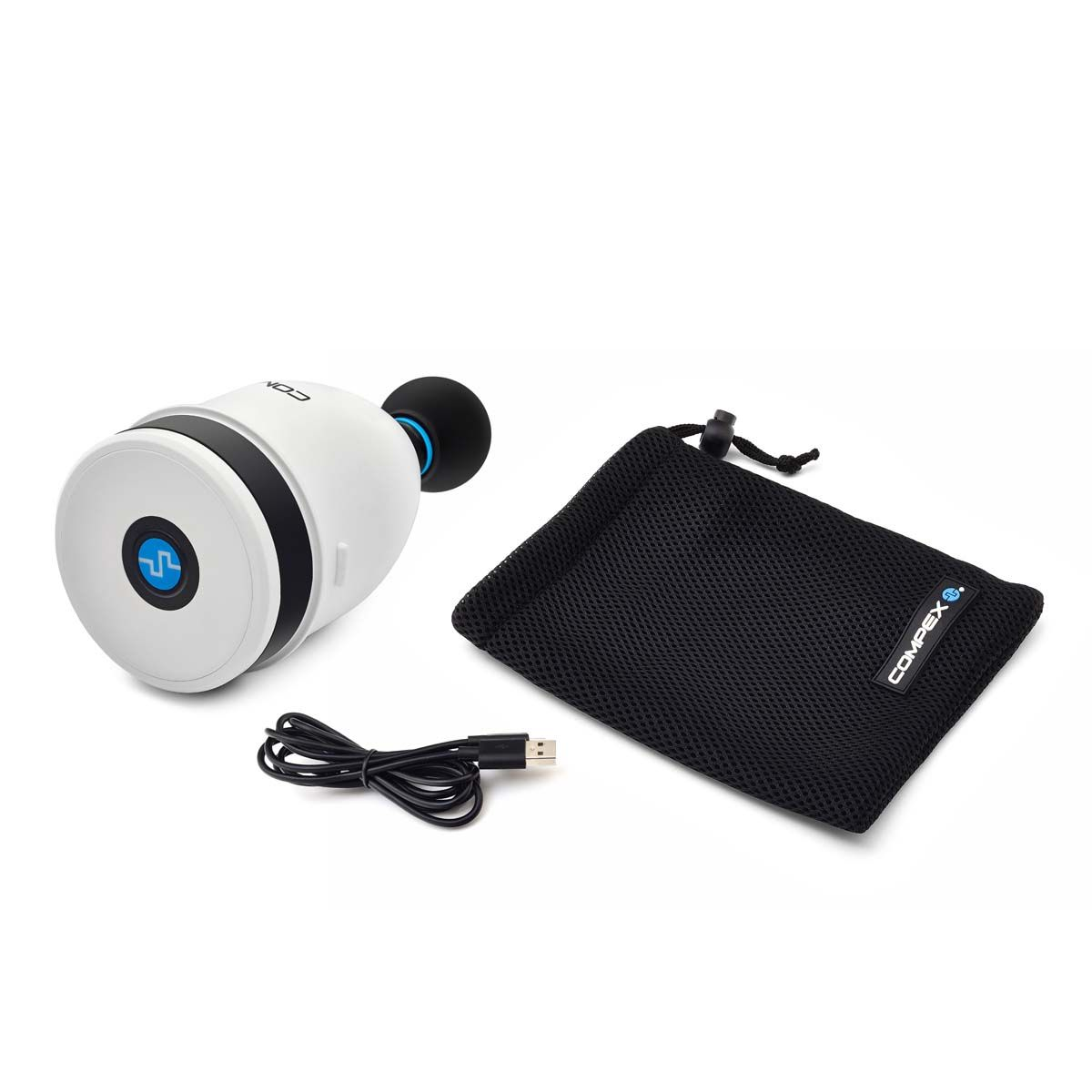 Ein weißes und schwarzes Compex Massagegerät mit schwarzer Tasche und USB-Kabel.