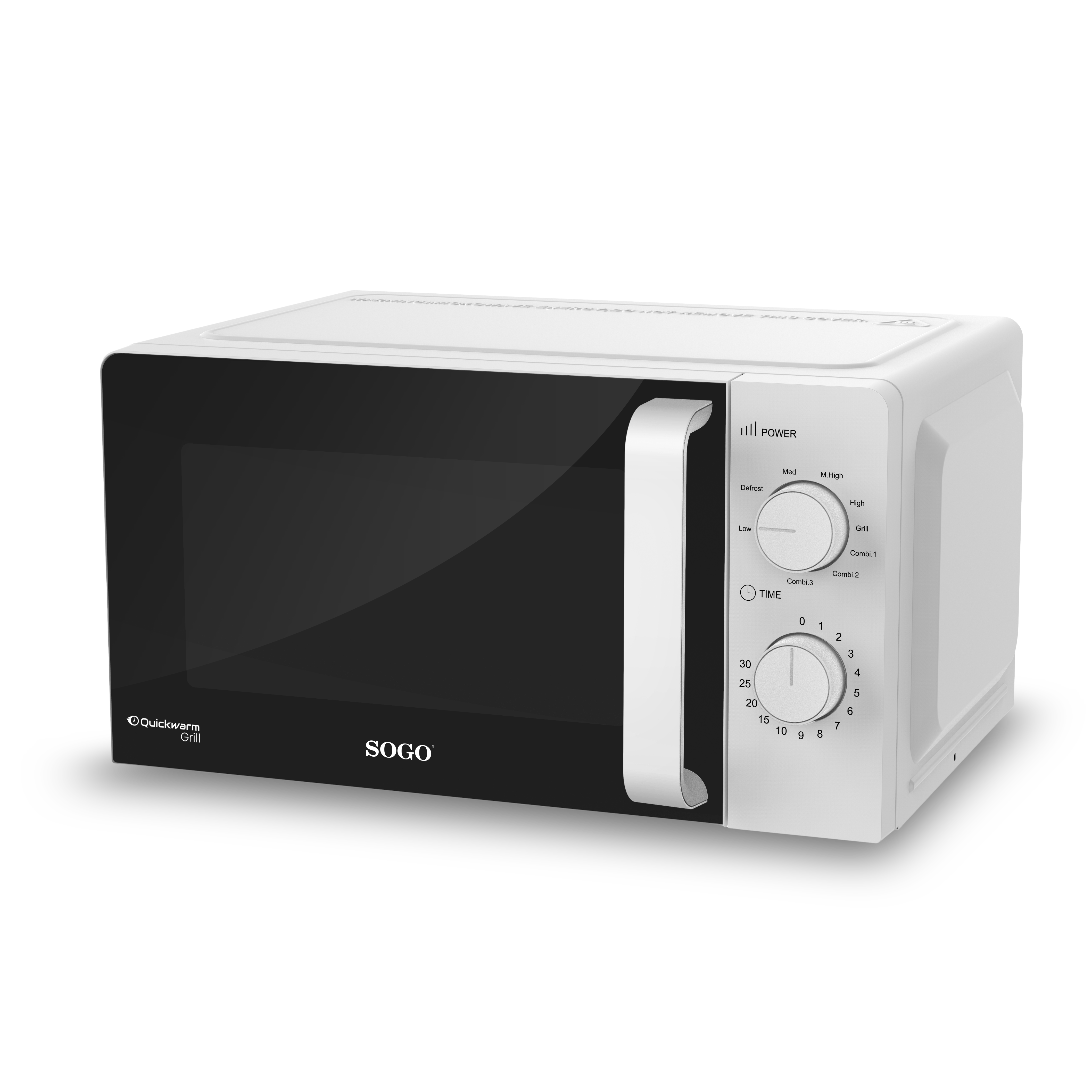Forno a microonde SOGO bianco con porta nera, controlli a destra e maniglia sul lato sinistro.