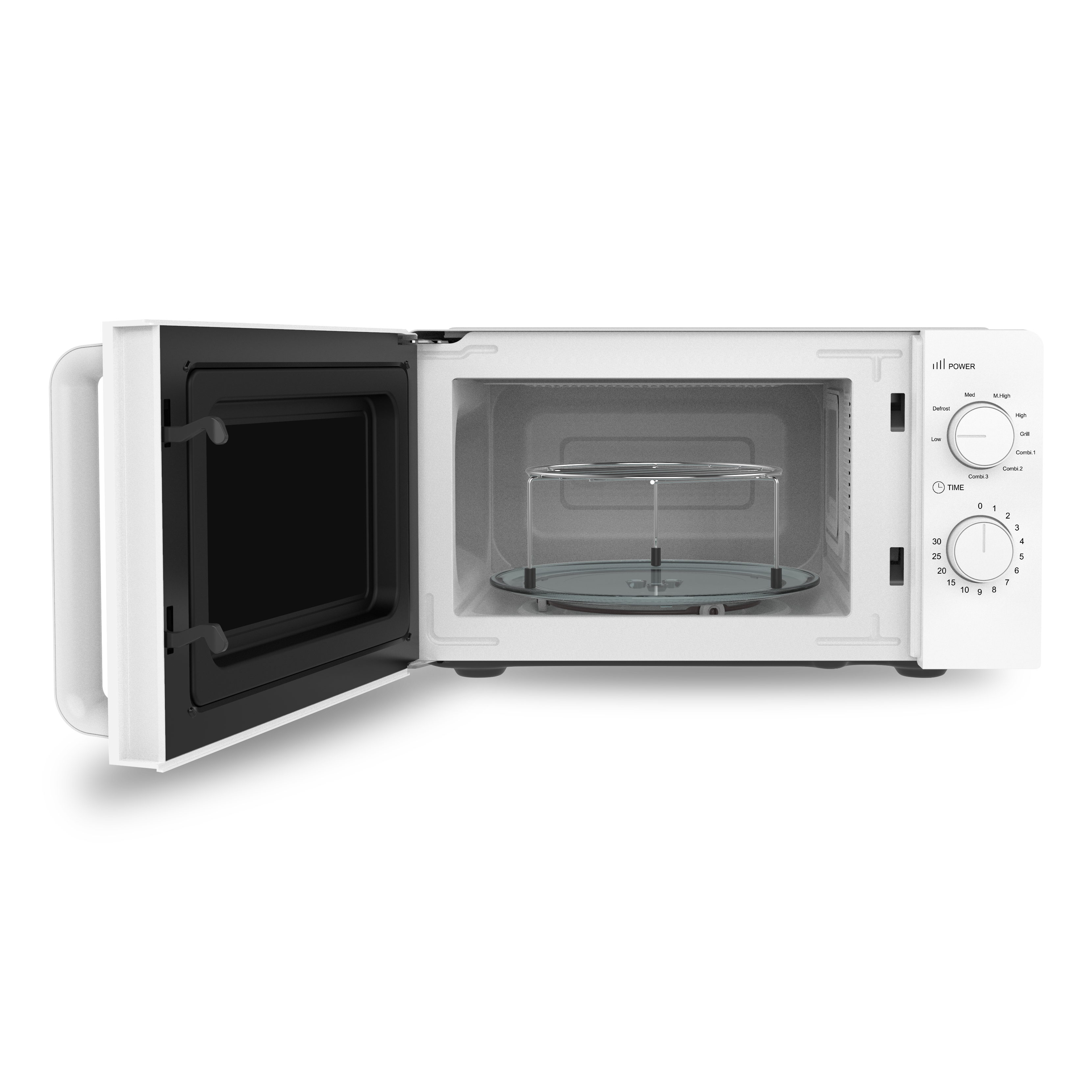 Un forno a microonde bianco con la porta aperta, che rivela un vassoio di vetro e una griglia metallica.
