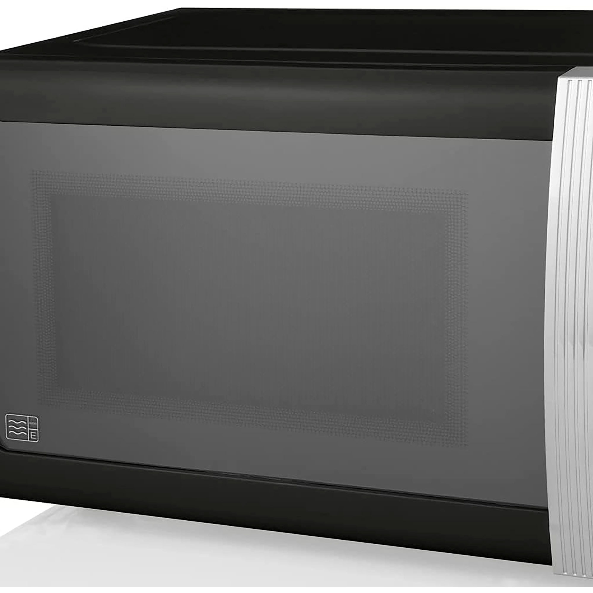 Horno microondas negro. Puerta de cristal con diseño y lado metálico.