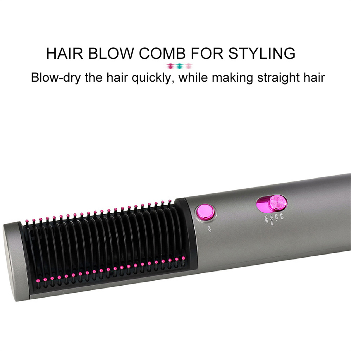 Ein Haartrockner-Kamm zum Stylen. Er hat einen schwarzen Kammabschnitt und einen rosa Knopf mit Einstellungen.