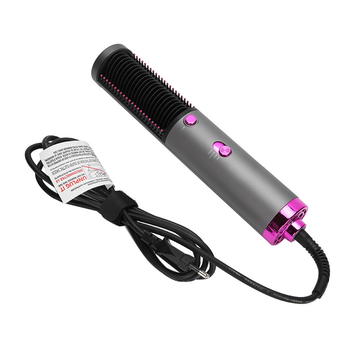 Graue Haarbürste mit rosa Knöpfen und schwarzem Kabel.