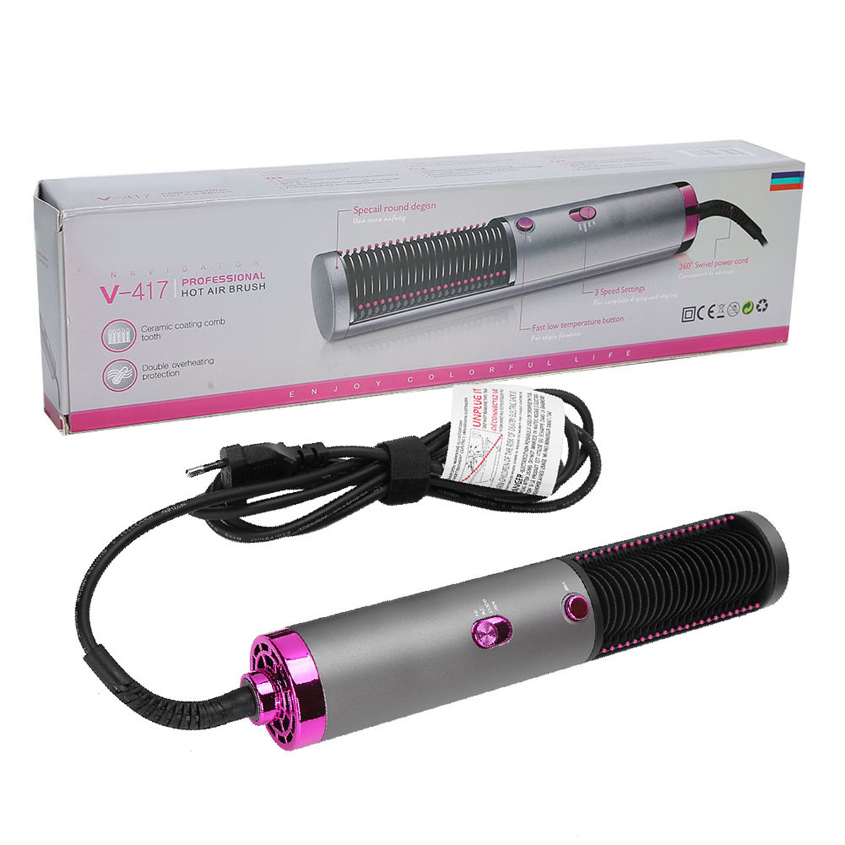 Haarstylingbürste und -box. Bürste ist grau und rosa, Box hat Text: PROFESSIONELLE HEISSLUFTBÜRSTE.