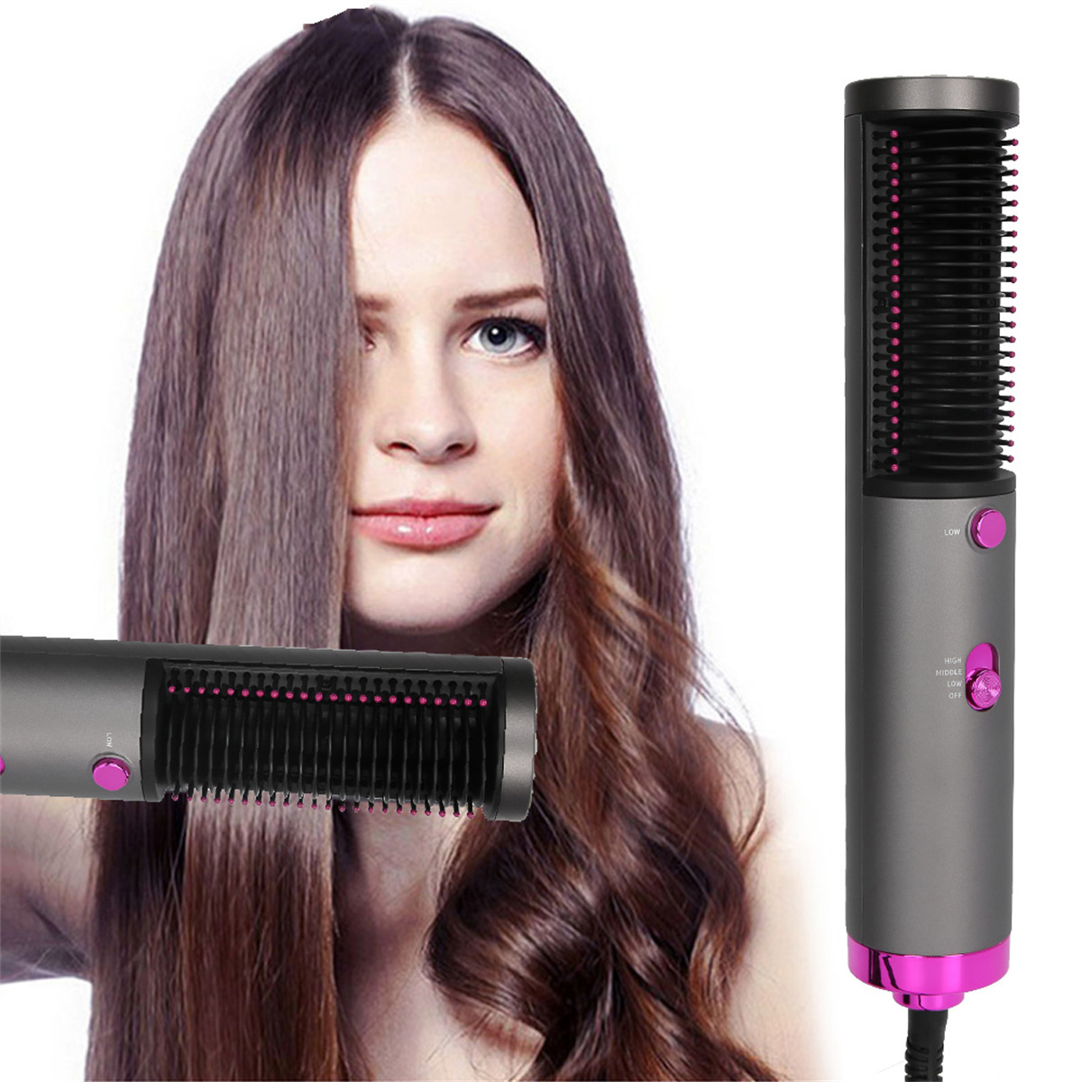 Frau mit langen braunen Haaren. Zwei Haarstylingbürsten. Eine Bürste ist in Gebrauch, die andere liegt daneben.