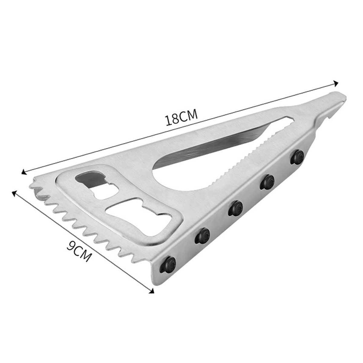 Ein silbernes Multi-Tool mit Maßen und einem Flaschenöffner.