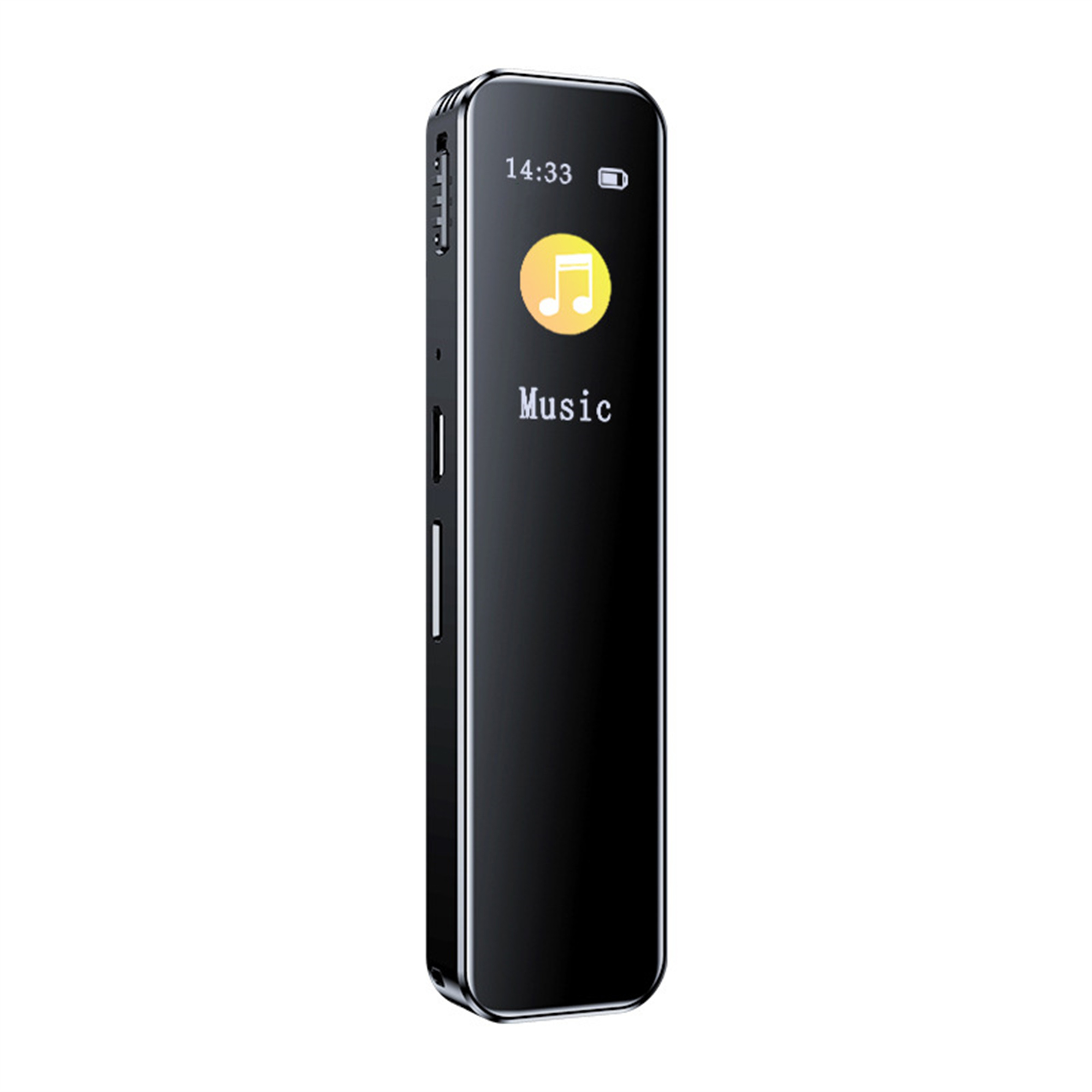 Ein schwarzer MP3-Player mit einem Bildschirm, der ein Musiknoten-Symbol und das Wort 'Musik' anzeigt.