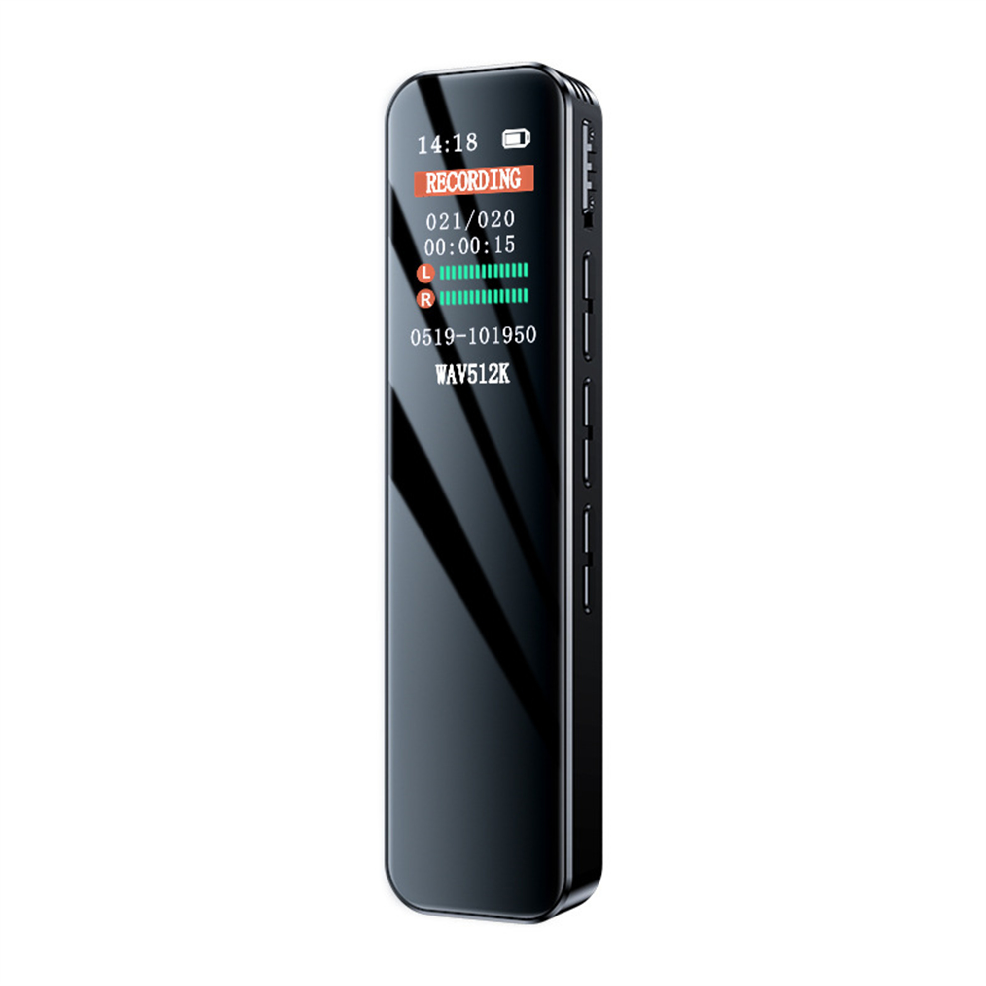 Ein kleines, schwarzes digitales Sprachaufnahmegerät mit Display, das Aufnahmedetails anzeigt. Vertikal, mit glänzendem Finish.