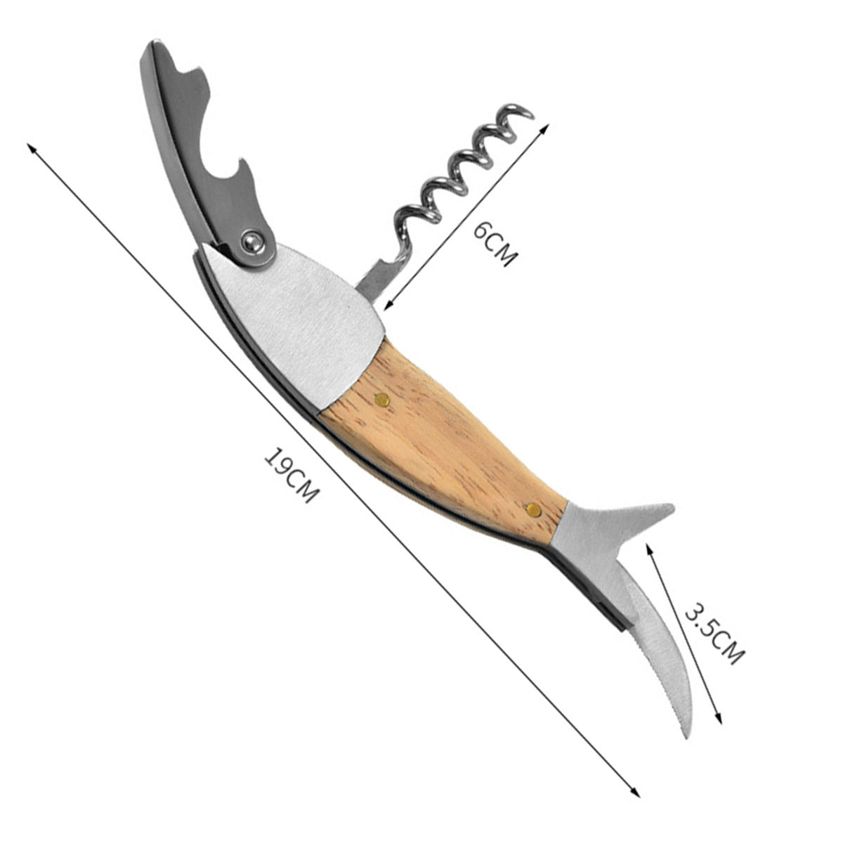 Fischförmiger Korkenzieher mit Holzgriff, Stahlöffner und beschrifteten Maßen.