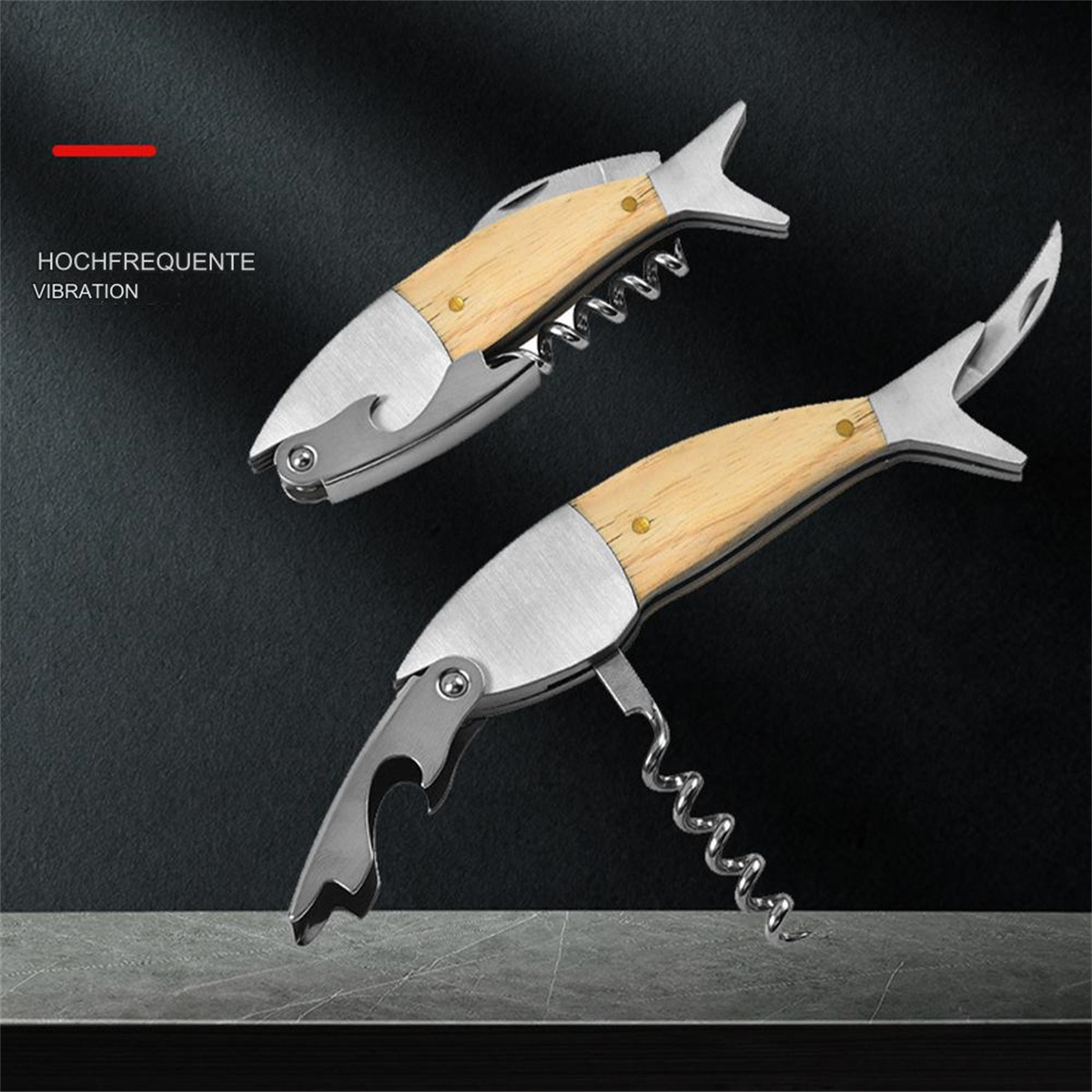 Fischförmiger Flaschenöffner mit Korkenzieher. Metallisches und hölzernes Design.