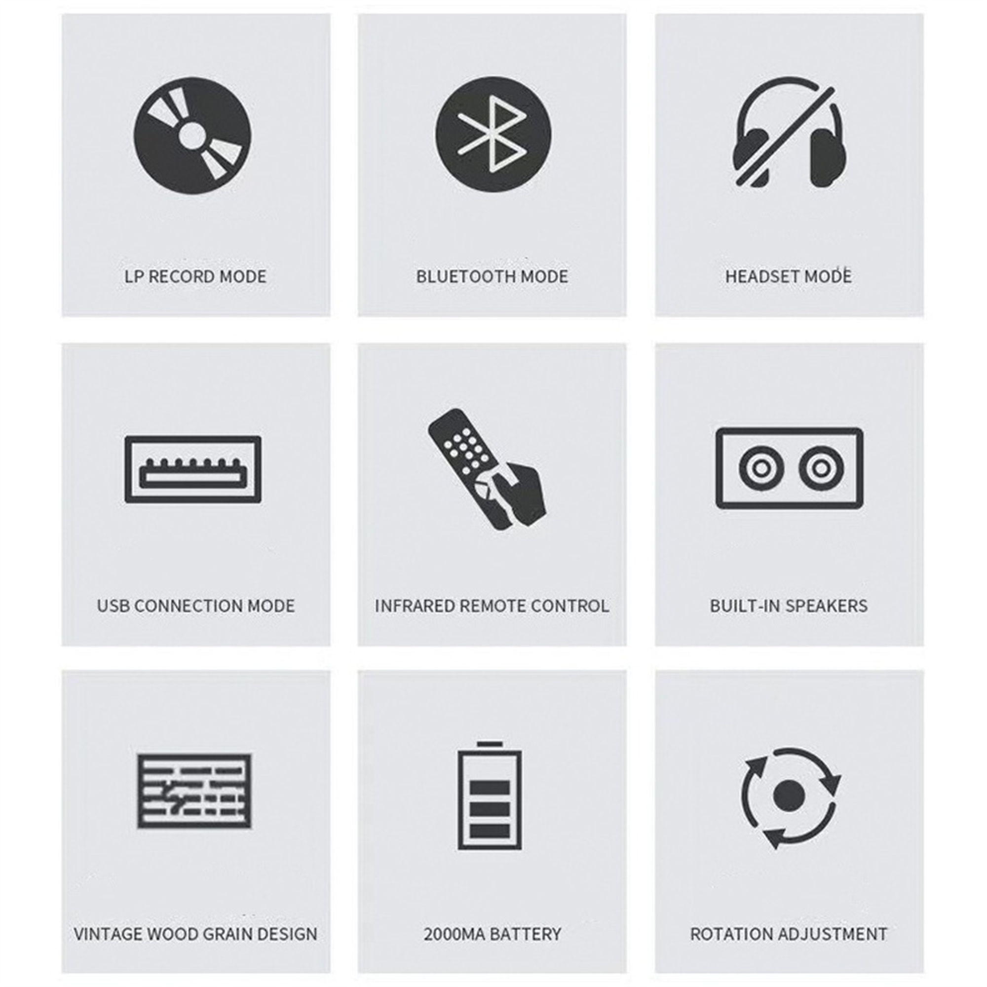 Symbole für LP-Platte, Bluetooth, Headset, USB, Fernbedienung, Lautsprecher, Holzmaserung, Akku und Drehung.