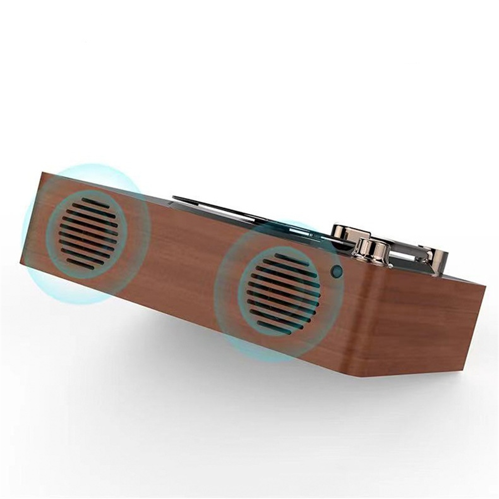Ein brauner Holz-Lautsprecher mit zwei Lautsprecherlöchern und einem Bedienfeld oben. Blaue Schallwellen.
