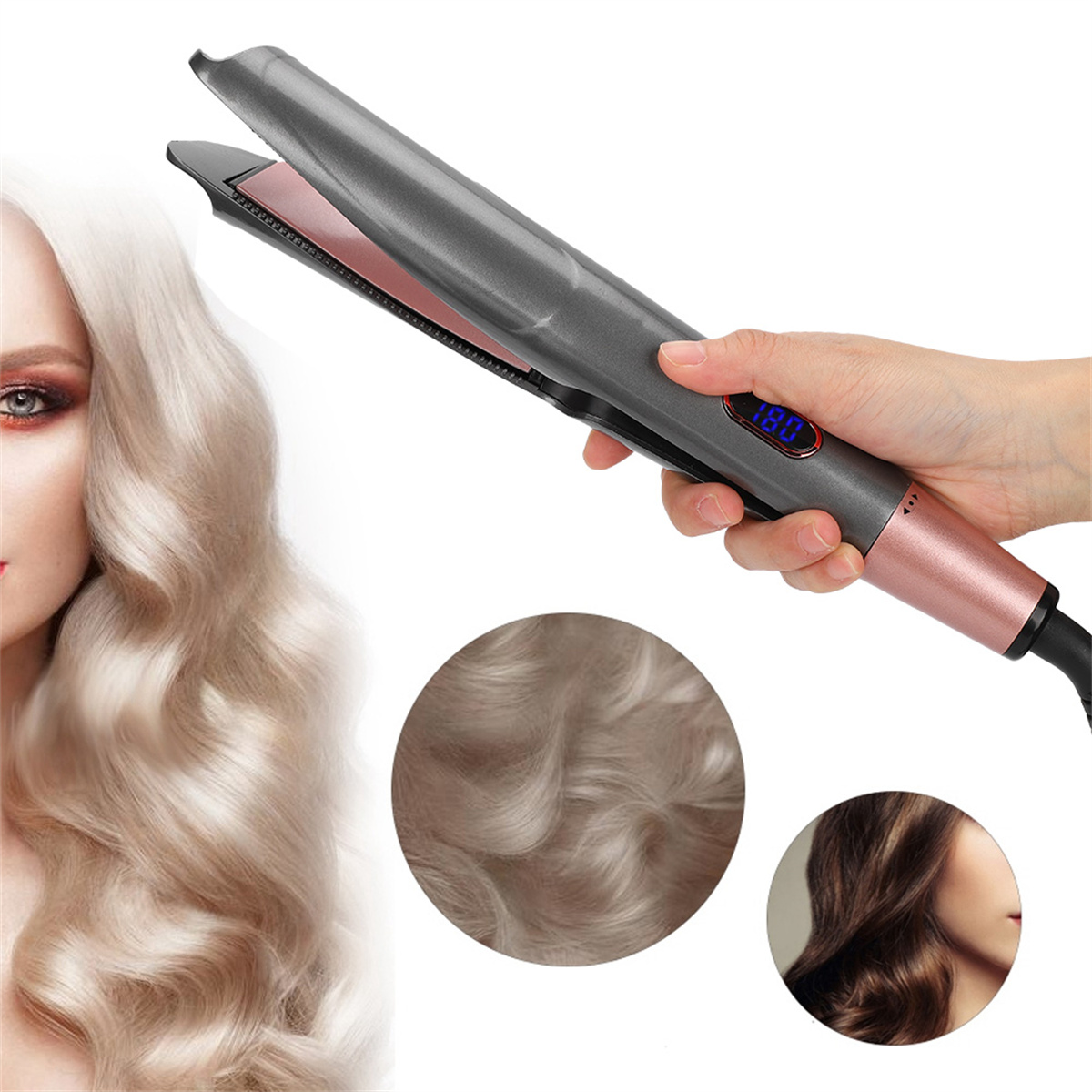 Eine Frau hält einen grauen Haarglätter. Zwei Haarproben werden gezeigt. Einmal blond, einmal braun.