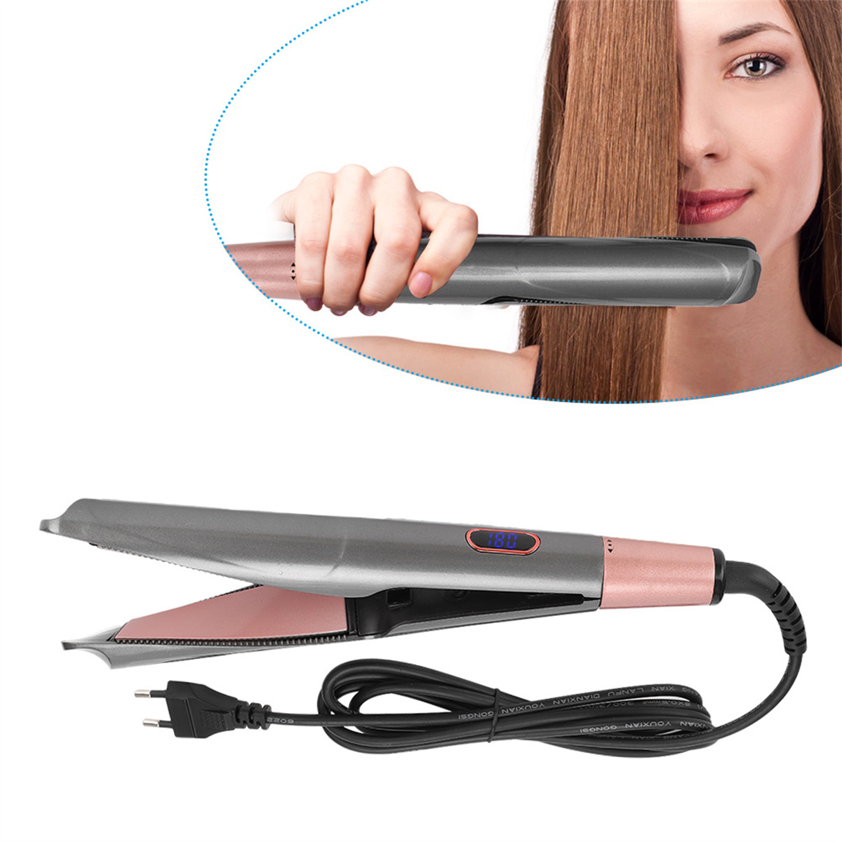 Frau benutzt Haarglätter, geöffnet und mit LED-Anzeige, die 180 zeigt.