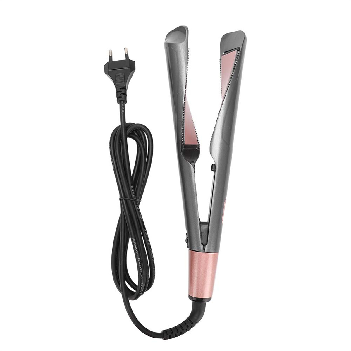 Ein Glätteisen mit schwarzem Kabel. Es ist geöffnet und zeigt die Heizplatten.
