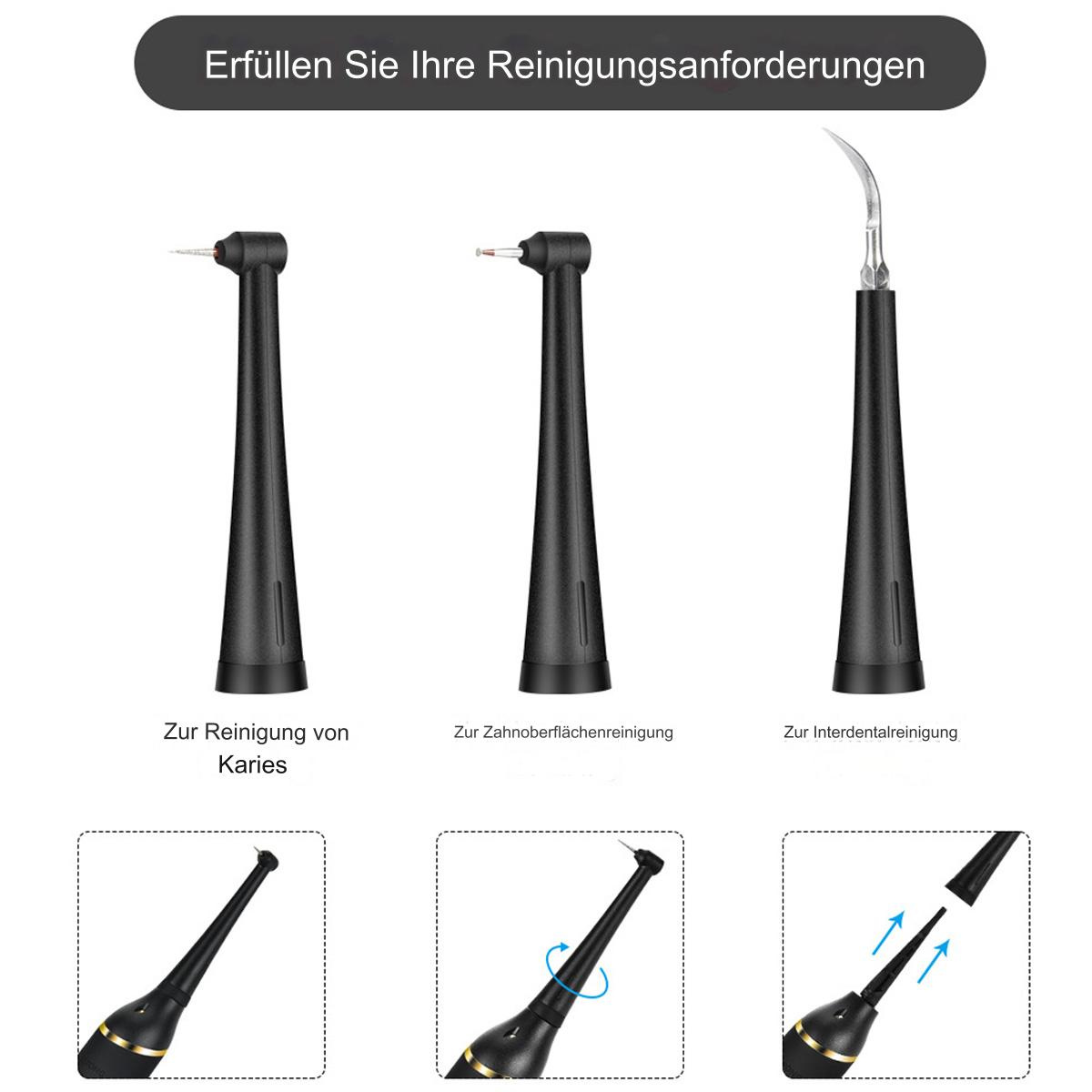 Zahnreinigungs-Werkzeuge. Drei schwarze, abgewinkelte Werkzeuge. Text beschreibt die Verwendung.