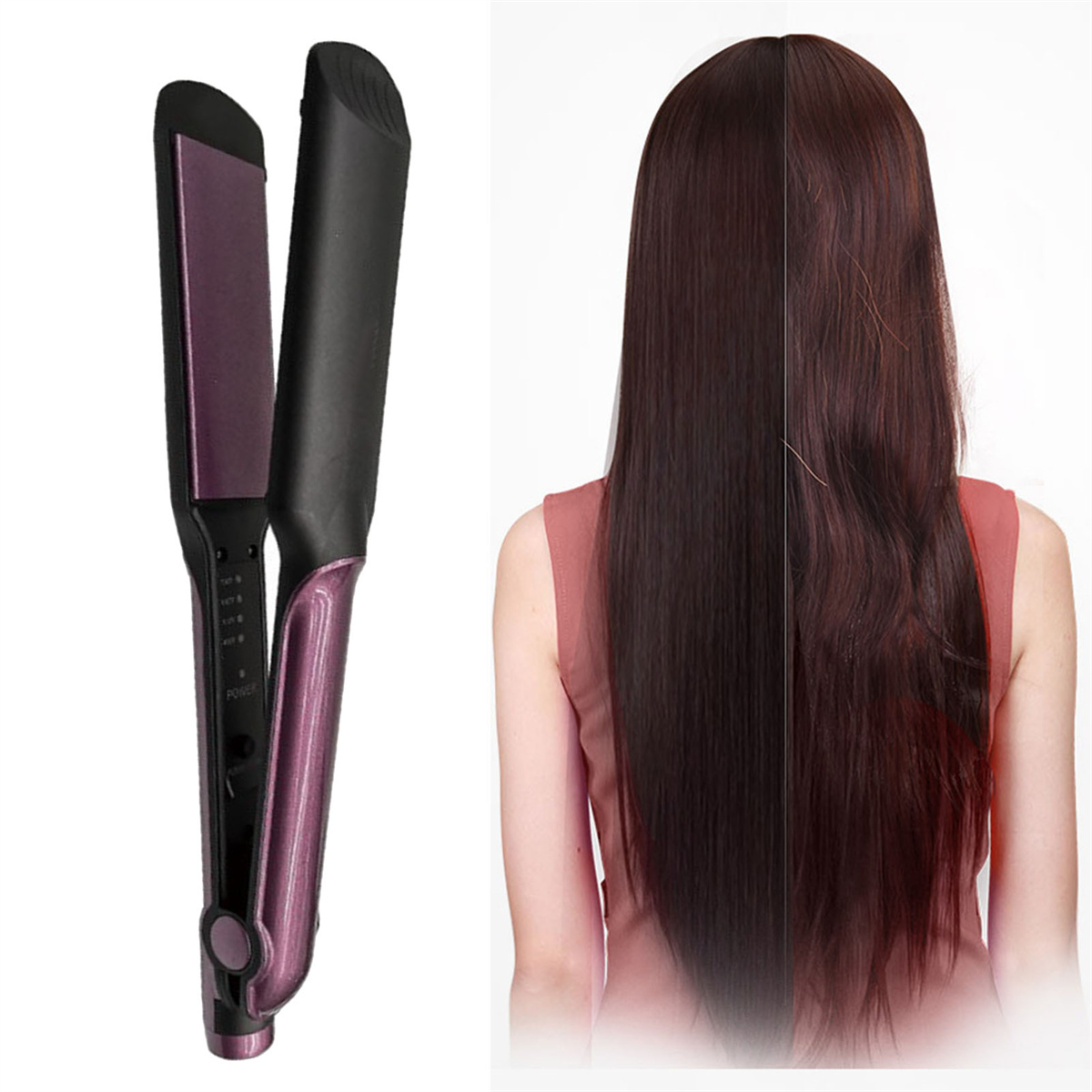 Ein Glätteisen und ein Vergleich von Frisuren. Rechts sind die Haare einer Frau glatt und geschmeidig.