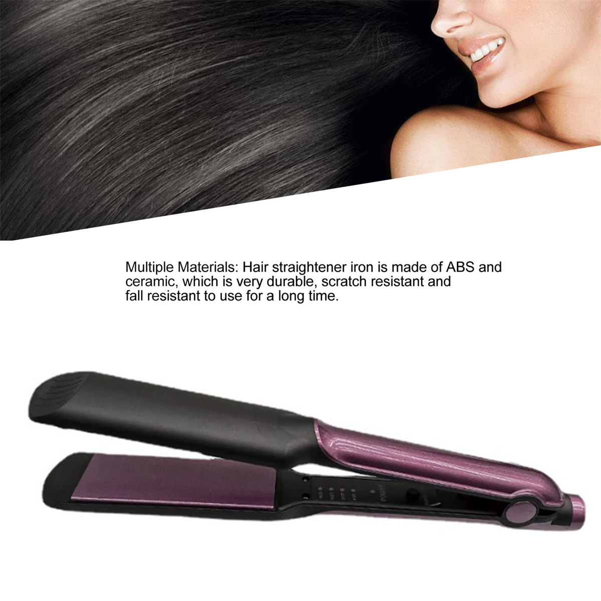 Haarglätter mit lila Platte, Gesicht und Haare im Hintergrund.