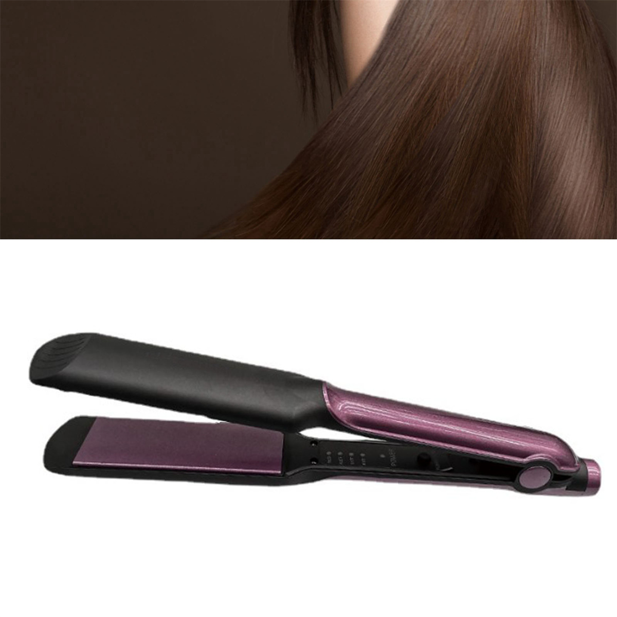 Glätteisen mit lila Griff und schwarzen Platten, mit einem Model, das glattes Haar zeigt.
