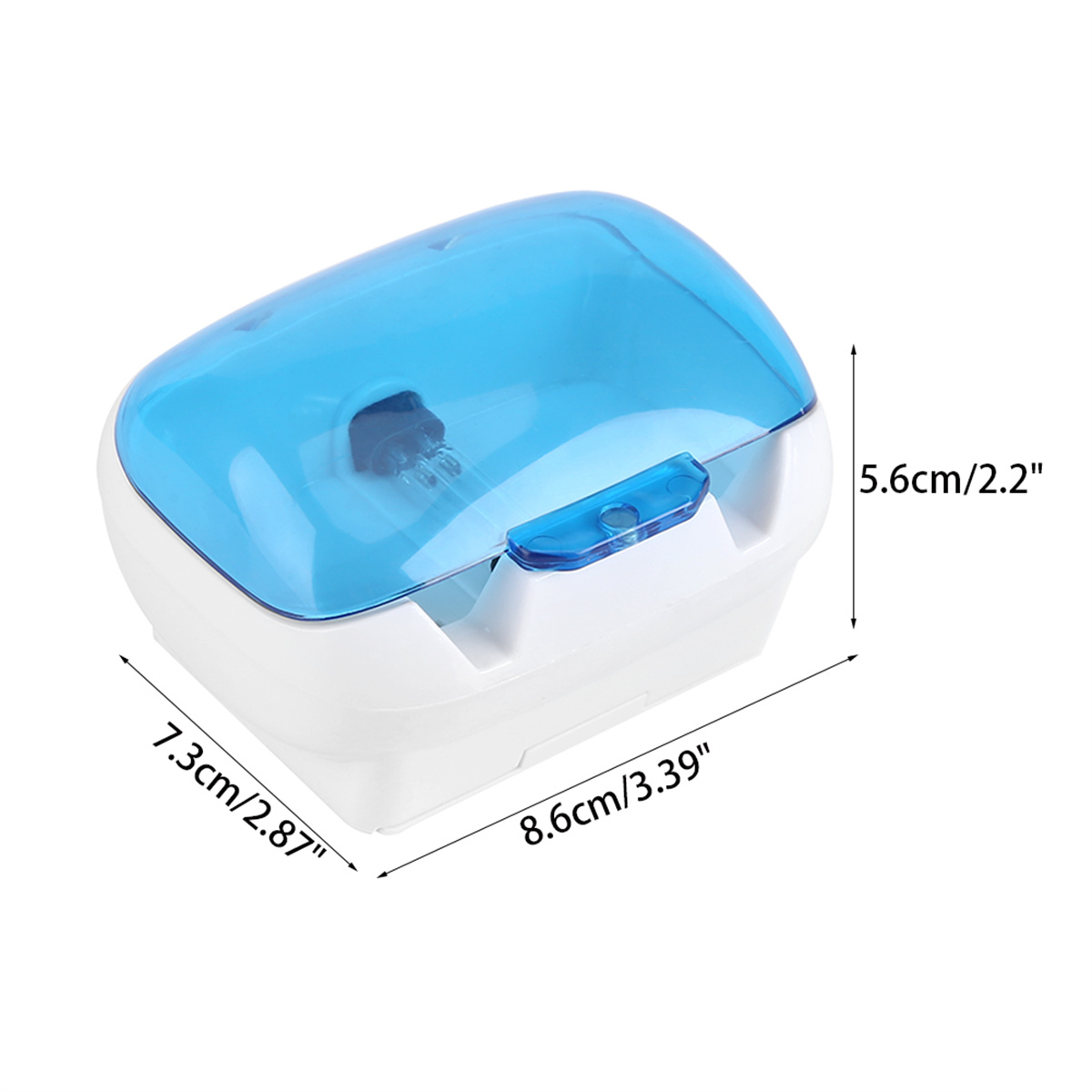 Eine weiß-blaue Box mit blauem, transparentem Deckel. Es gibt Messungen in cm und Zoll.
