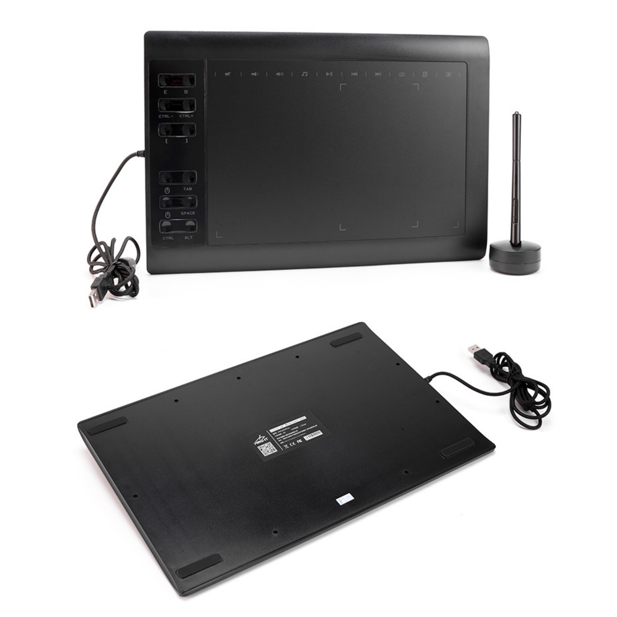 Schwarzes Zeichentablett mit Stift und Sockel. Die Unterseite des Tablets wird ebenfalls gezeigt.