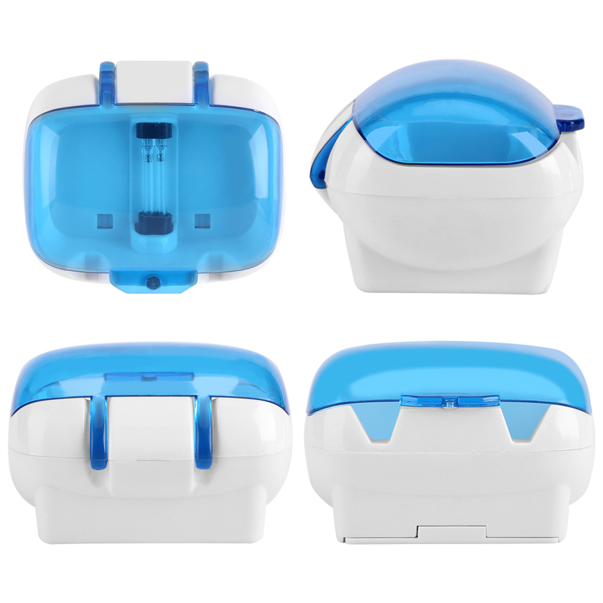 Vier Ansichten eines weißen und blauen UV-Sterilisators. Es hat einen blauen Deckel und blaue Akzente.