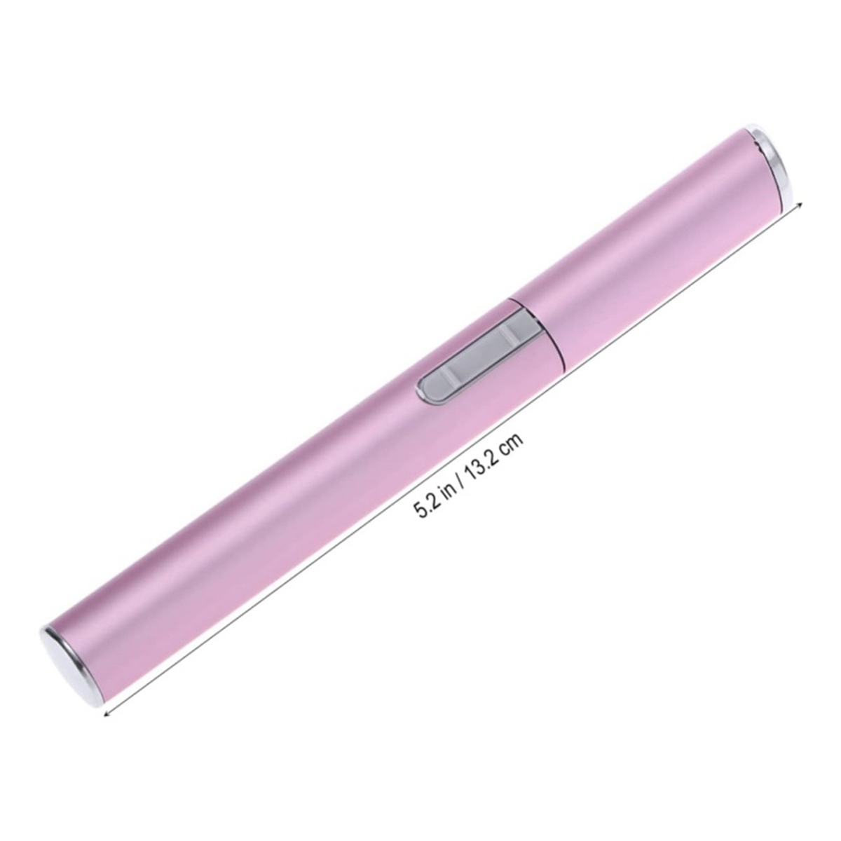 Ein rosa stiftförmiges Gerät mit Knopf und silberner Spitze, mit Größenangabe.