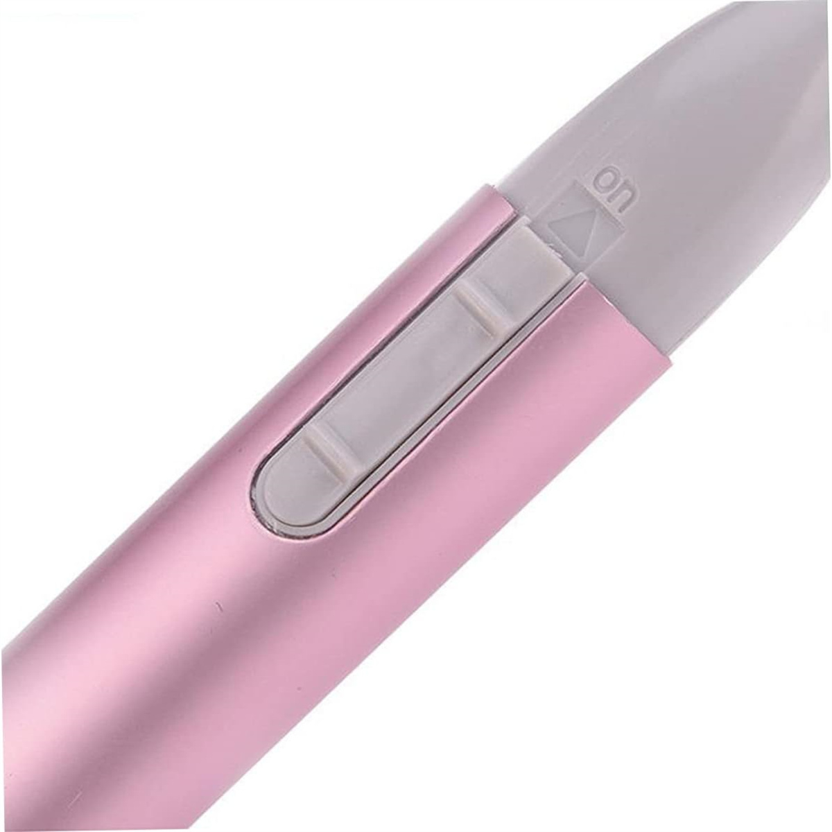 Nahaufnahme eines rosa Epilierers mit sichtbarem Ein-Schalter. Der Ein-Schalter ist weiß.
