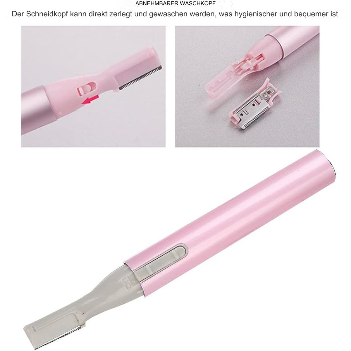 Elektrischer Gesichts-Haarschneider in Pink und Silber mit Klinge. Mehrere Ansichten des Produkts.