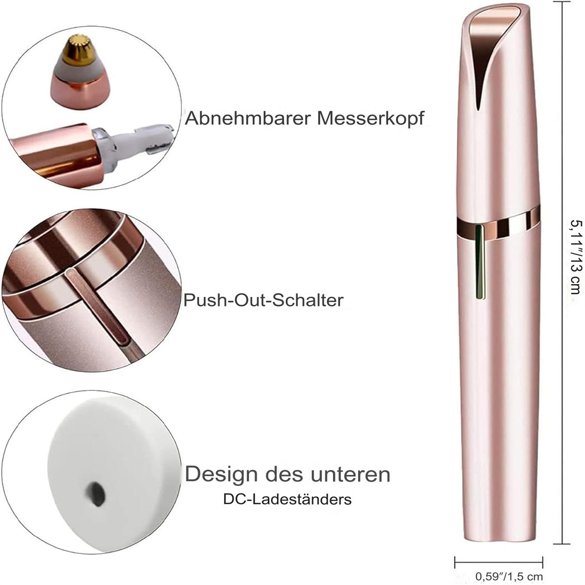 Ein goldfarbenes Haarentfernungsgerät mit pinkfarbenem Griff. Merkmale sind ein abnehmbarer Kopf.
