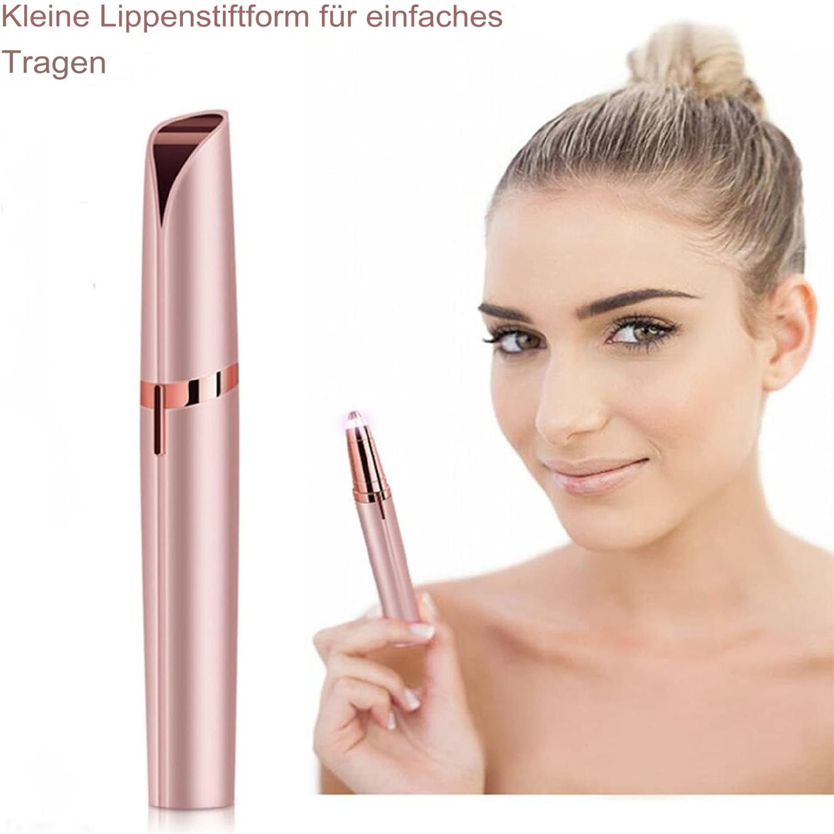 Eine Frau hält ein kleines Schönheitsgerät neben ihrem Gesicht.