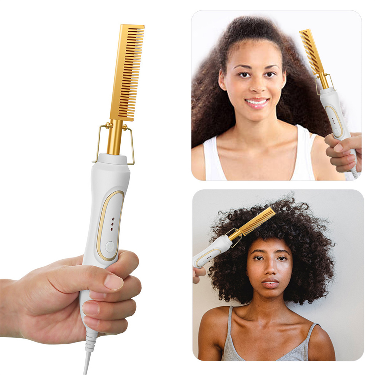 Haarstylingkamm mit weißem Griff und goldenen Zähnen, verwendet von Frauen mit verschiedenen Haartypen.