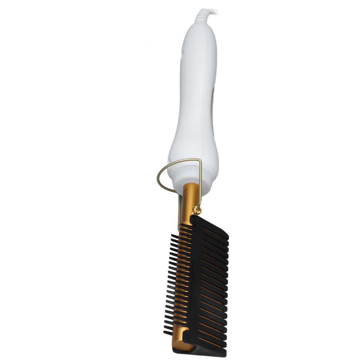 Haarglätter-Kamm. Er hat einen weißen Griff, eine goldene Basis und schwarze Kammzähne.