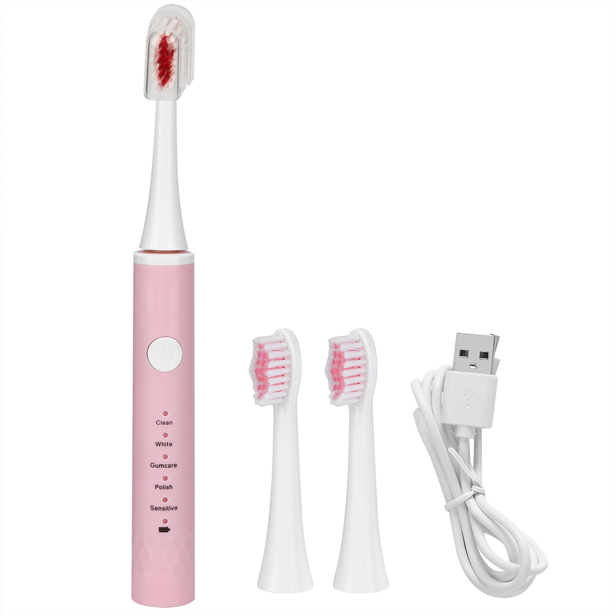 Eine rosa elektrische Zahnbürste mit mehreren Bürstenköpfen und einem USB-Ladekabel.
