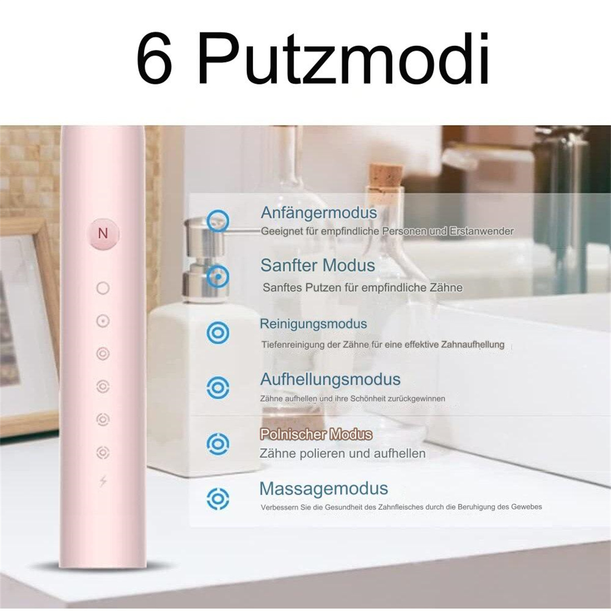 Pinke Zahnbürste mit mehreren Reinigungsmodi und einer Flasche im Hintergrund.