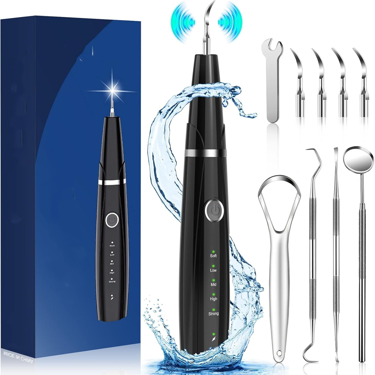 Zahnreinigungskit mit Ultraschallscaler, Werkzeugen und Wasserspray. Alle Artikel sind schwarz und silber.