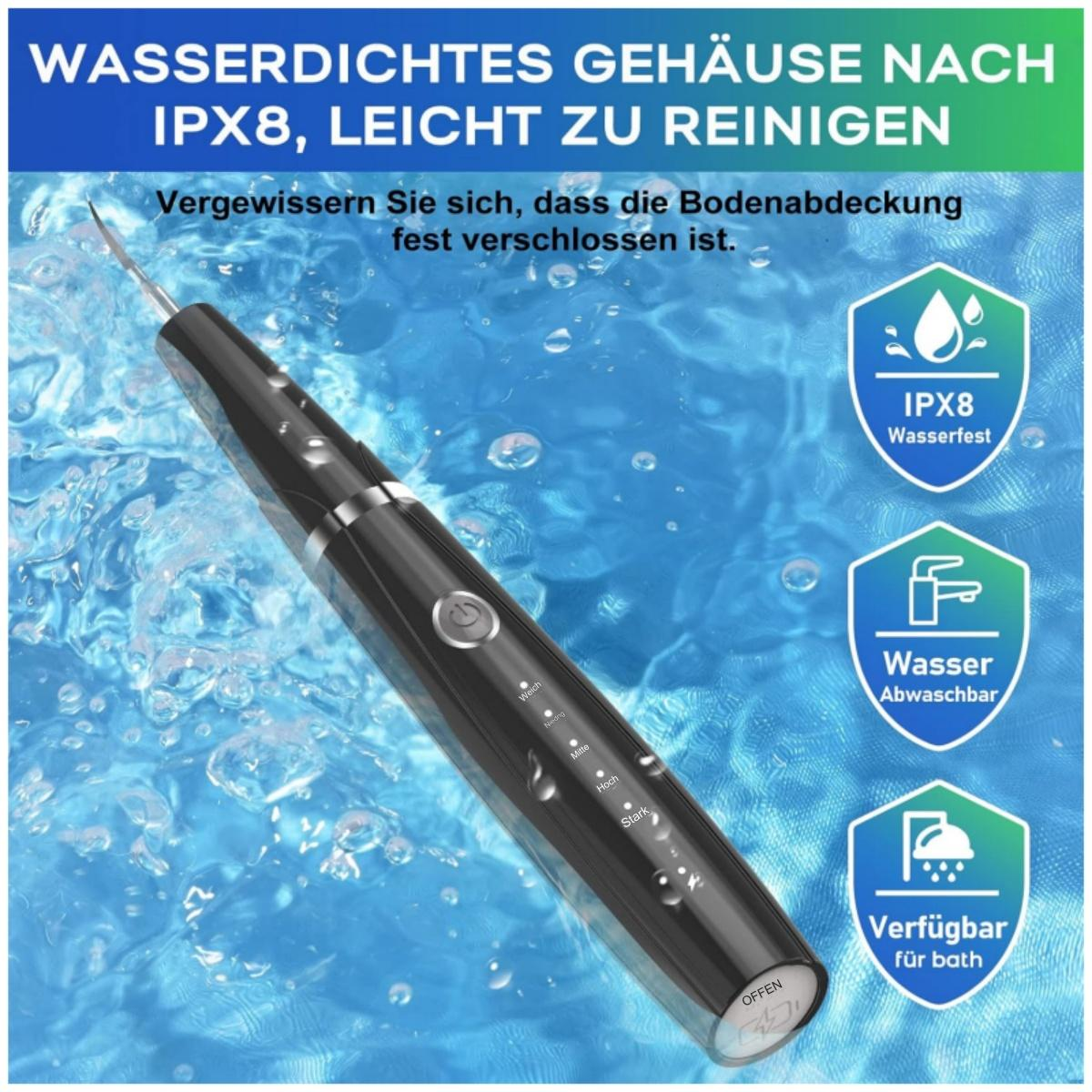 Schwarzer Zahnsteinentferner mit Text, der wasserdichte und waschbare Eigenschaften beschreibt.