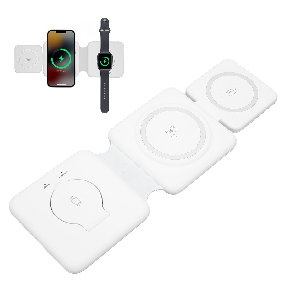 Weißes kabelloses Ladegerät für mehrere Geräte, das ein Telefon, eine Uhr und Ohrhörer auflädt. Apple-Gerät.