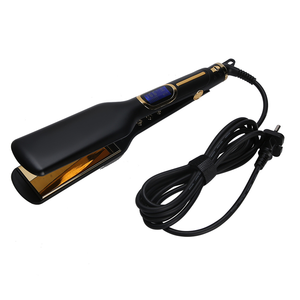 Schwarzer Haarglätter mit Goldplatten und Digitalanzeige. Das Kabel ist schwarz.