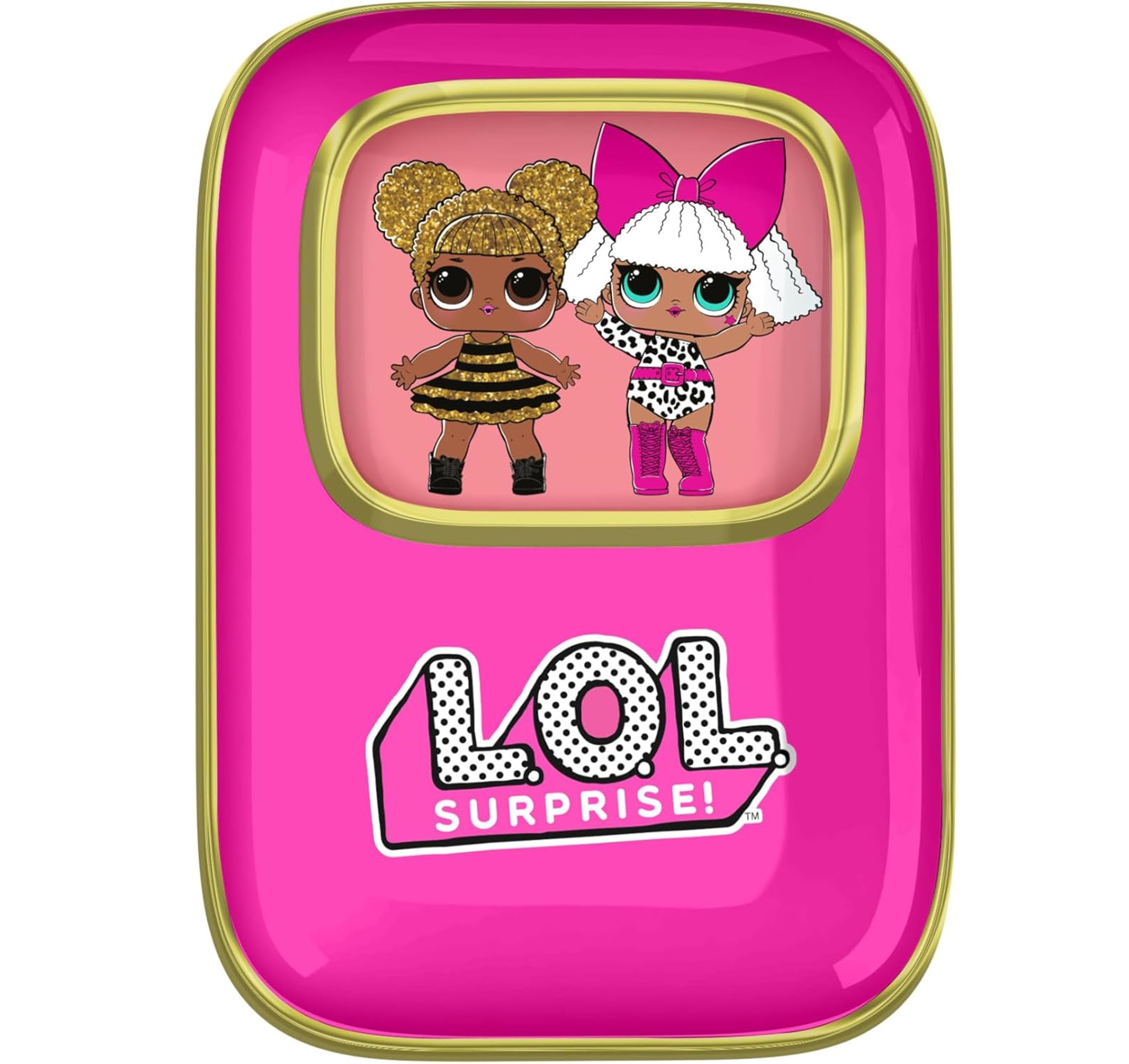 Różowy pojemnik na zabawkę LOL Surprise z dwiema lalkami na etykiecie.