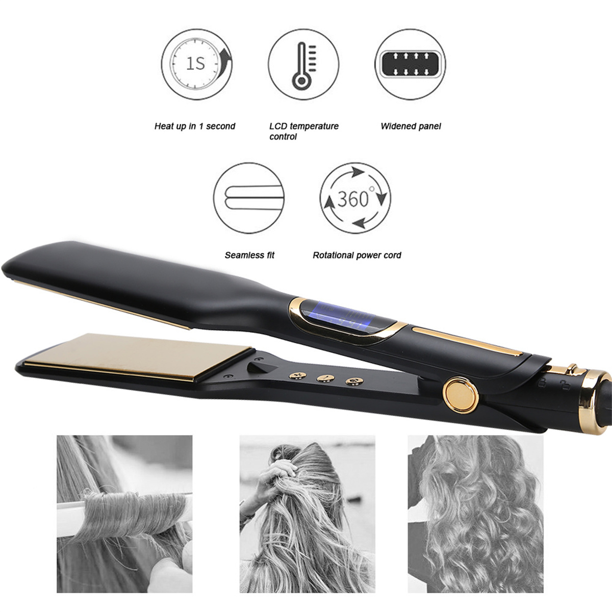 Schwarzer Haarglätter mit goldenen Akzenten, mit Bildern zum Haarstyling.