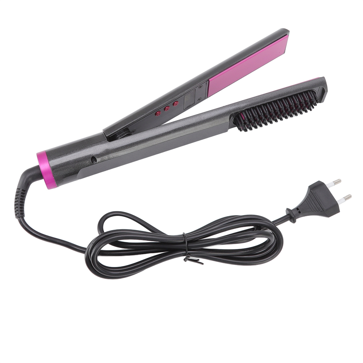 Ein schwarzer und pinkfarbener Haarglätter, offen, mit Netzkabel und Stecker auf weißer Oberfläche.