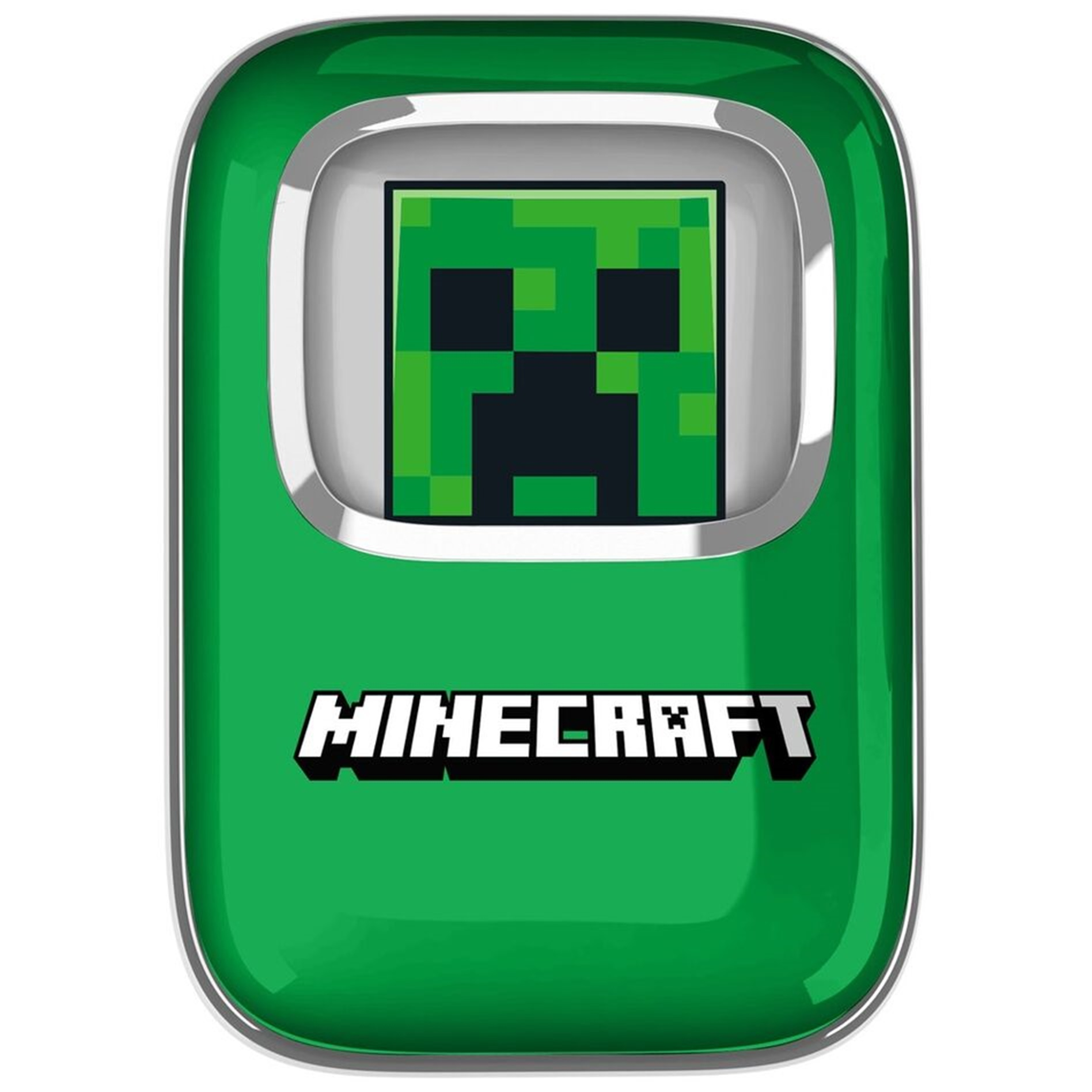 Zielone etui na telefon Minecraft z pikselowym Creeperem, białe tło.