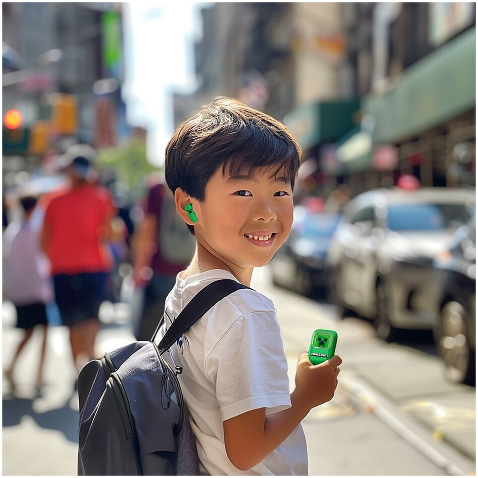 Uśmiechnięty chłopiec z zielonymi słuchawkami, trzymający zielony klocek Minecraft, na ulicy.