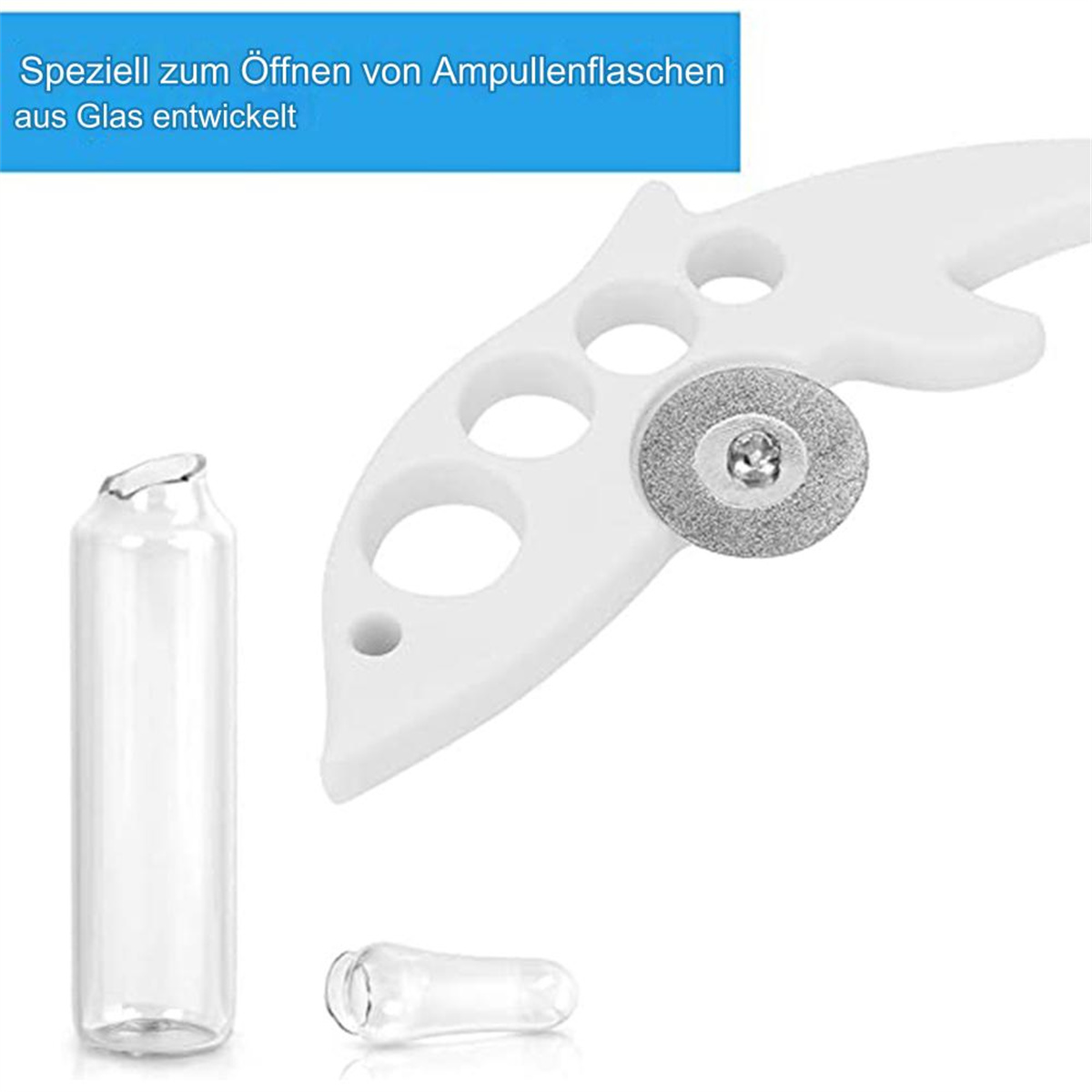 Ein weißes Werkzeug zum Öffnen von Glasampullen und eine Glasampulle.