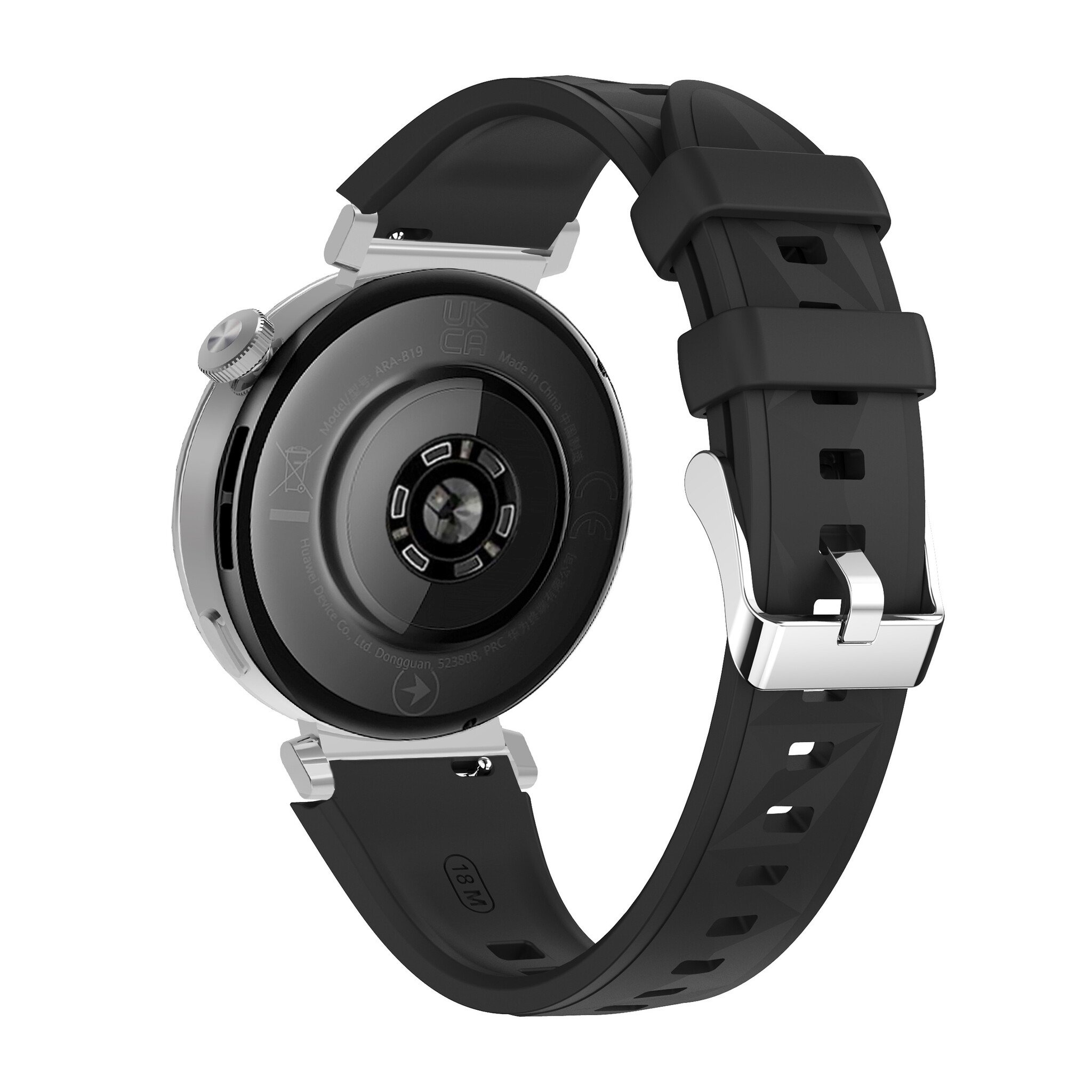 Die Rückseite einer schwarzen Smartwatch mit schwarzem Armband, die den Sensor und Markeninformationen zeigt.
